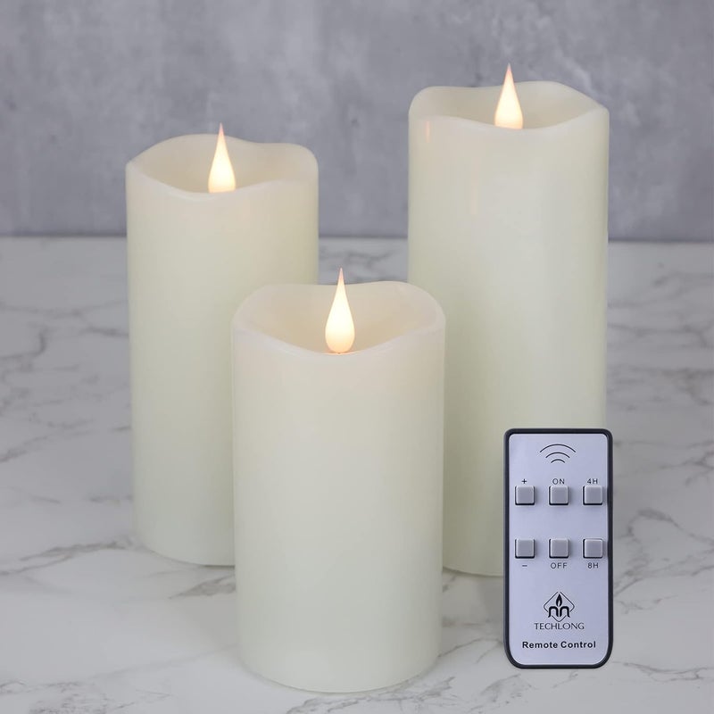 TECHLONG Flickering Flameless Candles with 3D Moving Flame Set of 3(H 5" 6" 7" x D 3"), Last 1000+ Hours Battery Operated Candles with Remote Timer, Ivory Real Wax Electric LED Pillar Candles - Image 1